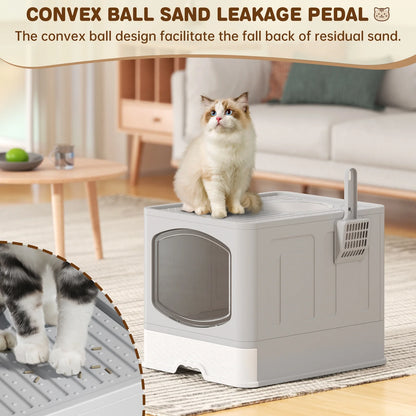 Large Foldable Cat Litter Box with Scoop, Front Entry Top Exit Cat Litter Pan with Lid, Enclosed Anti-Splashing Kitty Litter Box, Drawer Type Cat Litter Easy Cleaning and Scoop, White