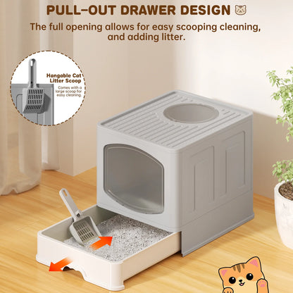 Large Foldable Cat Litter Box with Scoop, Front Entry Top Exit Cat Litter Pan with Lid, Enclosed Anti-Splashing Kitty Litter Box, Drawer Type Cat Litter Easy Cleaning and Scoop, White