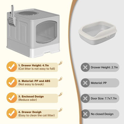 Large Foldable Cat Litter Box with Scoop, Front Entry Top Exit Cat Litter Pan with Lid, Enclosed Anti-Splashing Kitty Litter Box, Drawer Type Cat Litter Easy Cleaning and Scoop, White